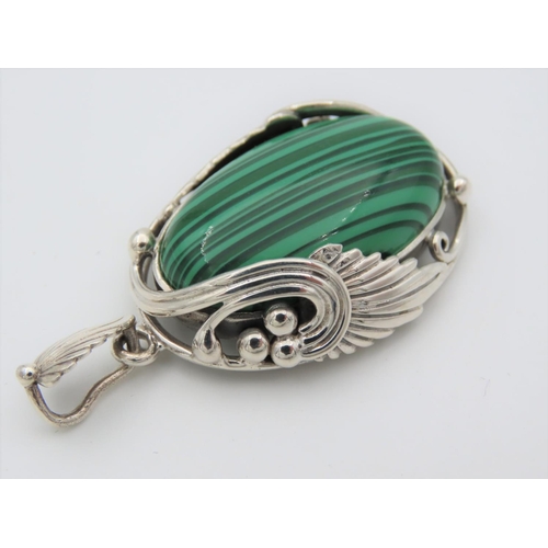 463 - Solid Silver Mounted Malachite Necklace Pendant Attractive Colour