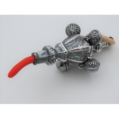 465 - Silver Babies Rattle with Ring Pull Approximately 5 Inches High