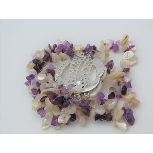 471 - Vintage Amethyst and Mother of Pearl Ladies Bracelet with Floral Motifs