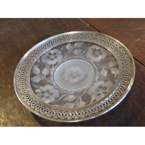 473 - Solid Silver Mounted Cut Crystal Table Coaster Approximately 6 Inches Diameter Engraved Decoration