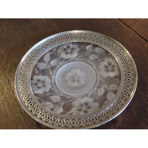 473 - Solid Silver Mounted Cut Crystal Table Coaster Approximately 6 Inches Diameter Engraved Decoration