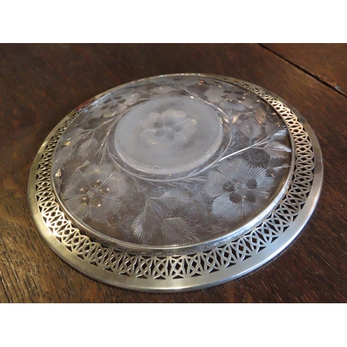 473 - Solid Silver Mounted Cut Crystal Table Coaster Approximately 6 Inches Diameter Engraved Decoration