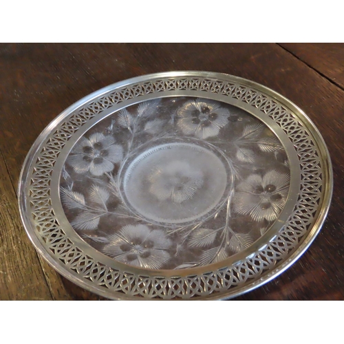 473 - Solid Silver Mounted Cut Crystal Table Coaster Approximately 6 Inches Diameter Engraved Decoration