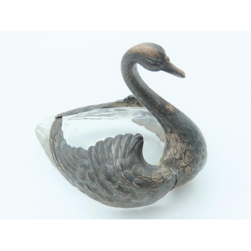 475 - Solid Silver Mounted Swan Motif Table Salt Approximately 5 Inches Wide Crystal Well