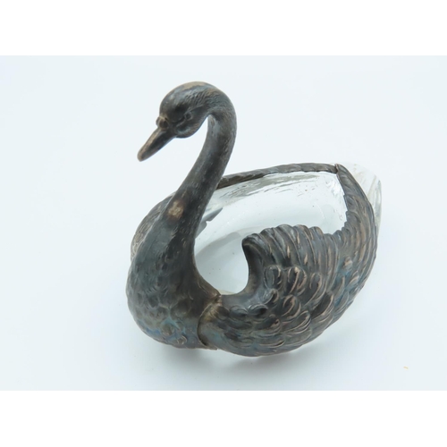 475 - Solid Silver Mounted Swan Motif Table Salt Approximately 5 Inches Wide Crystal Well