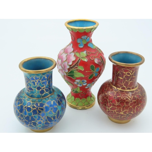 483 - Three Cloisonne Decorated Shaped Form Vases of Neat Form Tallest Approximately 4 Inches High