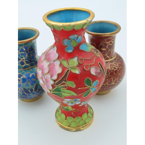 483 - Three Cloisonne Decorated Shaped Form Vases of Neat Form Tallest Approximately 4 Inches High