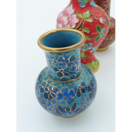 483 - Three Cloisonne Decorated Shaped Form Vases of Neat Form Tallest Approximately 4 Inches High