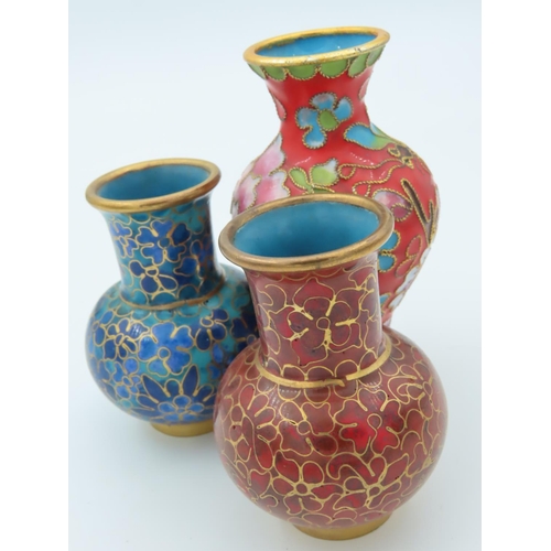 483 - Three Cloisonne Decorated Shaped Form Vases of Neat Form Tallest Approximately 4 Inches High