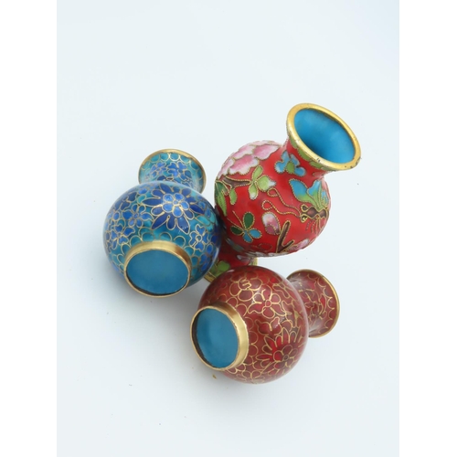 483 - Three Cloisonne Decorated Shaped Form Vases of Neat Form Tallest Approximately 4 Inches High