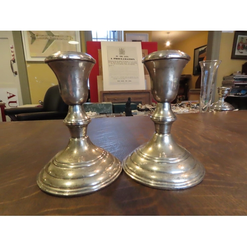 488 - Pair of Solid Silver Turned Form Candle Sticks Each Approximately 5 Inches High