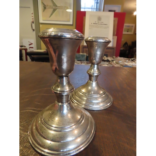 488 - Pair of Solid Silver Turned Form Candle Sticks Each Approximately 5 Inches High