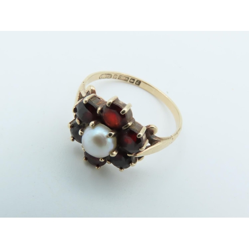 496 - 9 Carat Gold Mounted Garnet and Pearl Set Ladies Cluster Ring