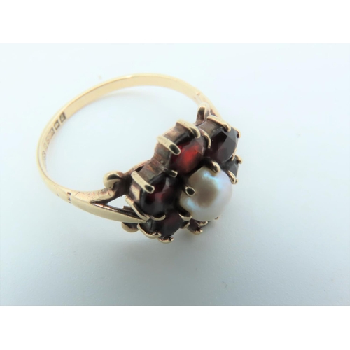 496 - 9 Carat Gold Mounted Garnet and Pearl Set Ladies Cluster Ring