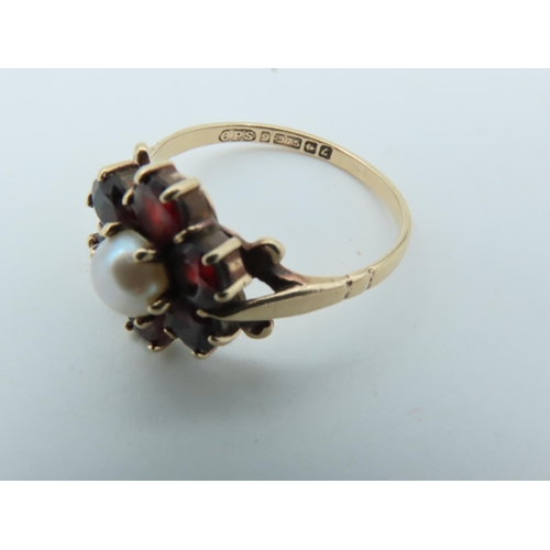 496 - 9 Carat Gold Mounted Garnet and Pearl Set Ladies Cluster Ring