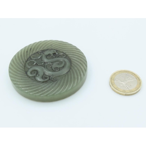 498 - Victorian Circular Form Jade Roundel with Incised Decoration Approximately 3 Inches Diameter