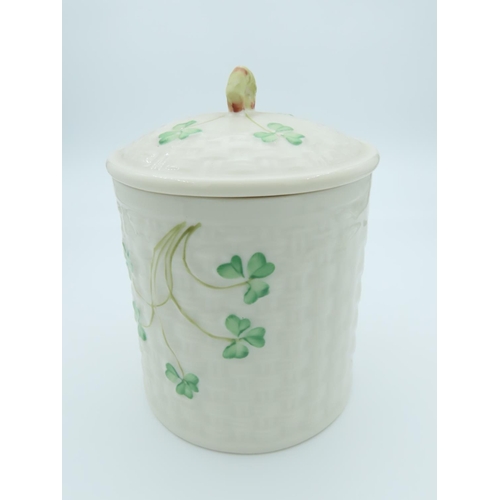 519 - Belleek Brown Mark Jar with Cover Shamrock Motifs Good Original Condition Approximately 6 Inches Hig... 