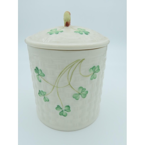 519 - Belleek Brown Mark Jar with Cover Shamrock Motifs Good Original Condition Approximately 6 Inches Hig... 