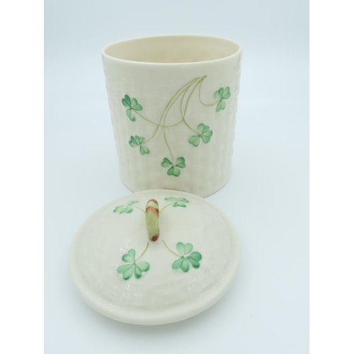 519 - Belleek Brown Mark Jar with Cover Shamrock Motifs Good Original Condition Approximately 6 Inches Hig... 