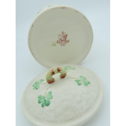 519 - Belleek Brown Mark Jar with Cover Shamrock Motifs Good Original Condition Approximately 6 Inches Hig... 