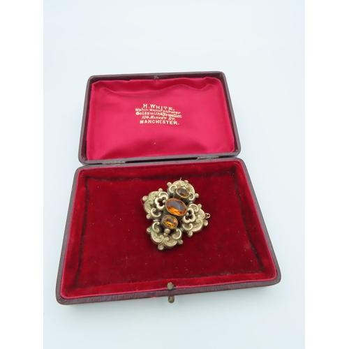 520 - Antique 9 Carat Gold Mounted Citrine Three Stone Set Ladies Brooch with Safety Chain 9 Carat Gold