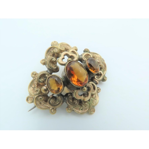 520 - Antique 9 Carat Gold Mounted Citrine Three Stone Set Ladies Brooch with Safety Chain 9 Carat Gold