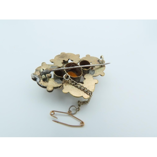 520 - Antique 9 Carat Gold Mounted Citrine Three Stone Set Ladies Brooch with Safety Chain 9 Carat Gold