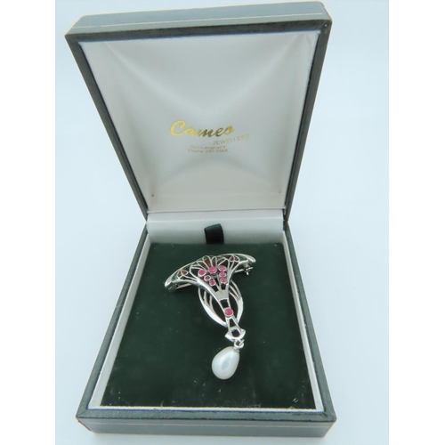 525 - Plique A Jour Ladies Brooch with Cultured Pearl Drop Solid Silver Mounted