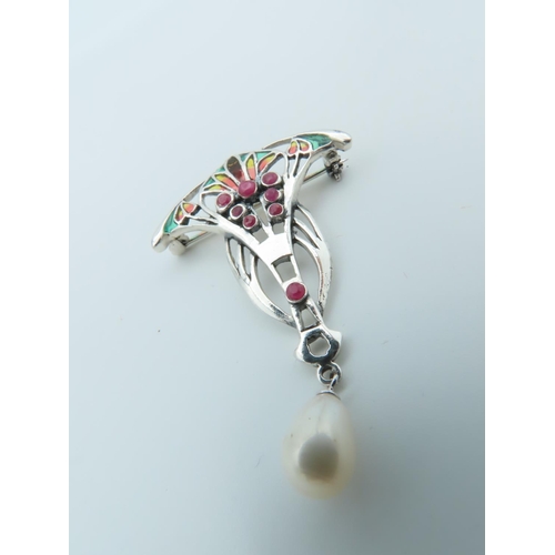 525 - Plique A Jour Ladies Brooch with Cultured Pearl Drop Solid Silver Mounted