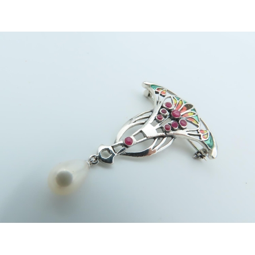 525 - Plique A Jour Ladies Brooch with Cultured Pearl Drop Solid Silver Mounted