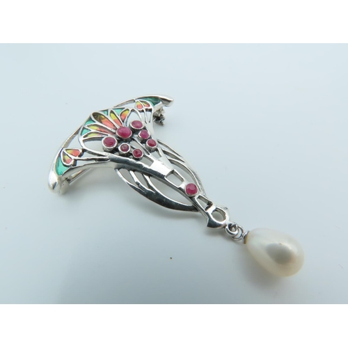 525 - Plique A Jour Ladies Brooch with Cultured Pearl Drop Solid Silver Mounted