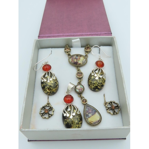 526 - Vintage Ladies Earrings with Pendant Necklace and Pair Amber Set Solid Silver Mounted Ladies Earring... 