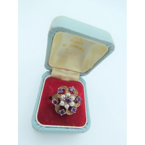 529 - Amethyst and Sea Pearl Decorated Ladies 9 Carat Gold Ring Size K and a Half