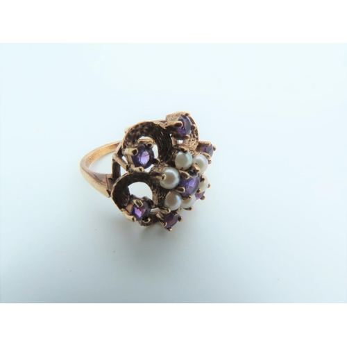 529 - Amethyst and Sea Pearl Decorated Ladies 9 Carat Gold Ring Size K and a Half