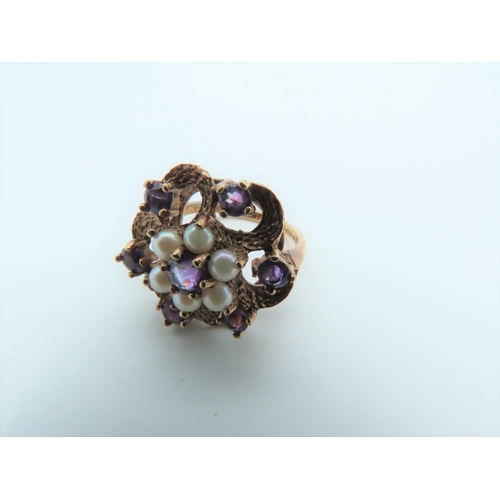 529 - Amethyst and Sea Pearl Decorated Ladies 9 Carat Gold Ring Size K and a Half