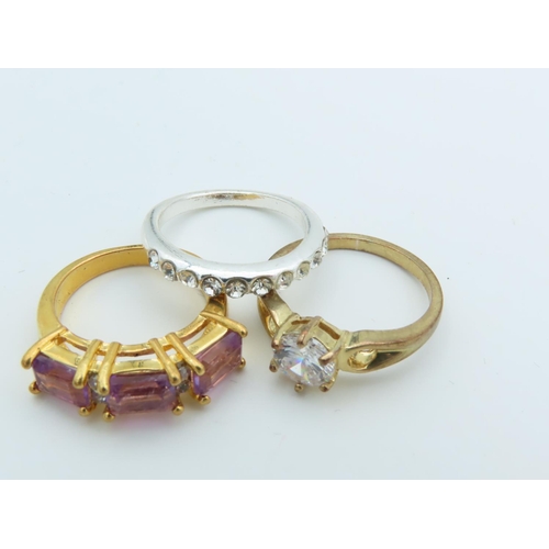 535 - Three Ladies Silver Mounted Rings Two Gold Plated Gem Set Ring Sizes S, R and N and a Half