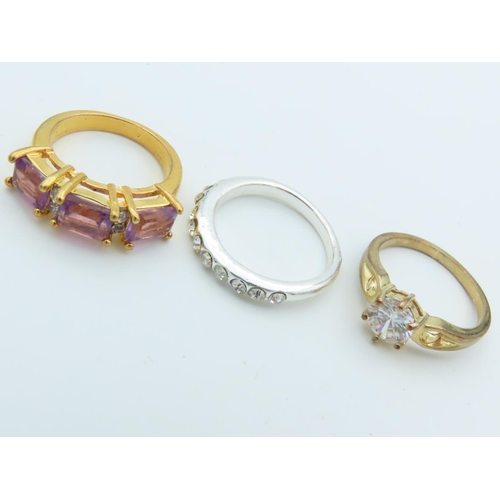 535 - Three Ladies Silver Mounted Rings Two Gold Plated Gem Set Ring Sizes S, R and N and a Half