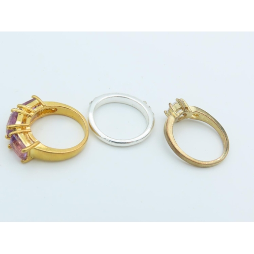 535 - Three Ladies Silver Mounted Rings Two Gold Plated Gem Set Ring Sizes S, R and N and a Half