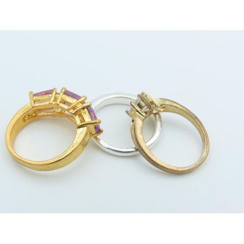 535 - Three Ladies Silver Mounted Rings Two Gold Plated Gem Set Ring Sizes S, R and N and a Half