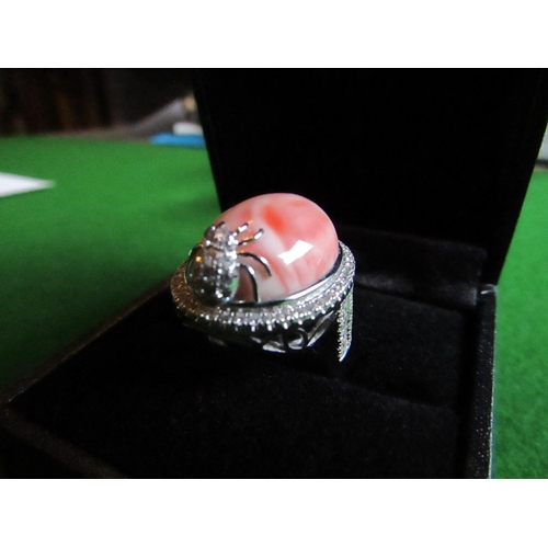 54 - Coral Mounted Cabochon Cut Ladies Ring Mounted on 18 Carat White Gold Band with Spider Motif Side De... 