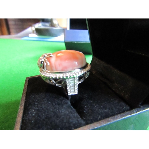 54 - Coral Mounted Cabochon Cut Ladies Ring Mounted on 18 Carat White Gold Band with Spider Motif Side De... 
