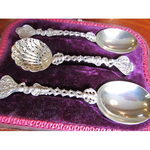 542 - Three Antique Commemorative Solid Silver Spoons Finely Chased and Detailed Each Approximately 9 Inch... 