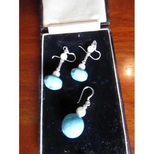 545 - Pair of Solid Silver Mounted Ladies Drop Earrings Turquoise Set with Matching Solid Silver Mounted P... 