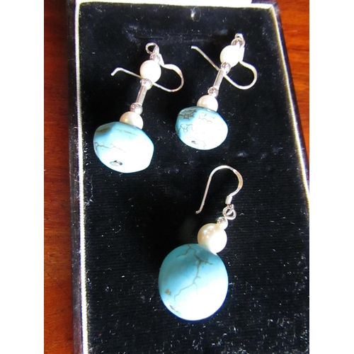 545 - Pair of Solid Silver Mounted Ladies Drop Earrings Turquoise Set with Matching Solid Silver Mounted P... 