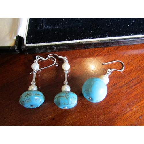 545 - Pair of Solid Silver Mounted Ladies Drop Earrings Turquoise Set with Matching Solid Silver Mounted P... 