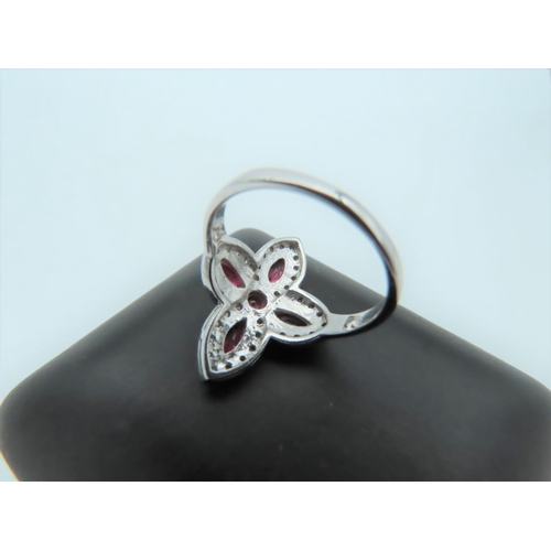 562 - Ruby and Diamond Quadruple Cluster Ring of Cruce Form Design with Navette Shaped Rubies Mounted on 1... 