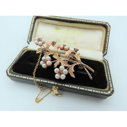 563 - Garnet and Pearl Spray Motif Brooch Mounted on 9 Carat Yellow Gold Hallmarked London 1993