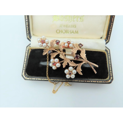 563 - Garnet and Pearl Spray Motif Brooch Mounted on 9 Carat Yellow Gold Hallmarked London 1993