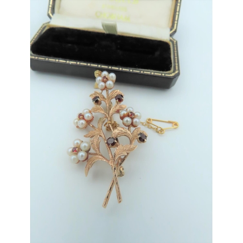 563 - Garnet and Pearl Spray Motif Brooch Mounted on 9 Carat Yellow Gold Hallmarked London 1993