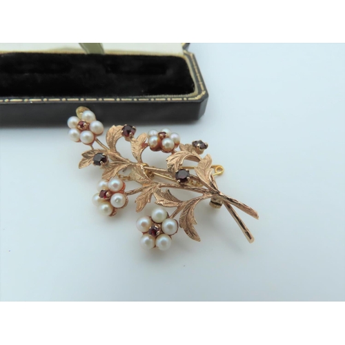 563 - Garnet and Pearl Spray Motif Brooch Mounted on 9 Carat Yellow Gold Hallmarked London 1993